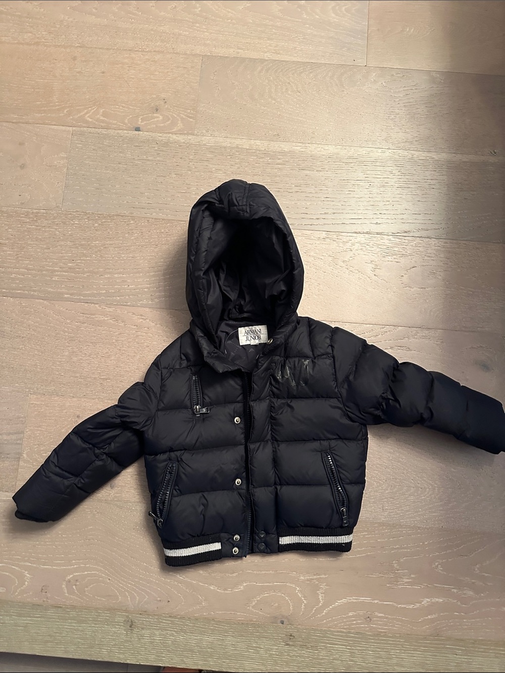 Armani Junior Black Hooded Quilted Puffer Jacket with Stripe Hem